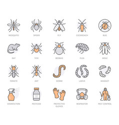 Pest Control Flat Line Icons Set Mosquito Spider