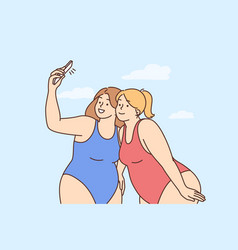 Overweight Women In Bikinis Make Selfie