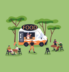 Street Food Truck Cafe Van In Nature Tiny People