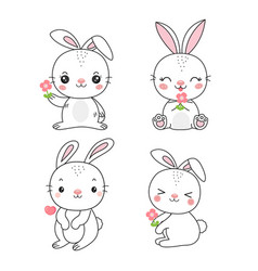 Cute Cartoon Bunny With Flower In Different Poses