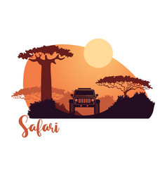 African Safari Silhouettes With An Suv And Sunset