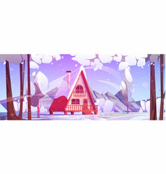 Cartoon Winter Snowy Landscape With Wooden House