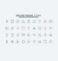 Data Technology Thin Black And Red Line Icons Set