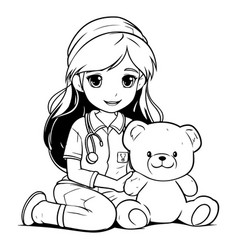 Girl Doctor With Teddy Bear - Black And White