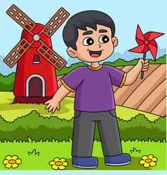 Spring Boy Holding A Pinwheel Colored Cartoon