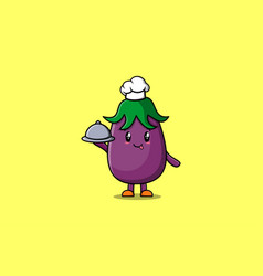 Cute Cartoon Chef Eggplant Serving Food On Tray