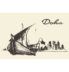 Doha Skyline Dhow Qatar Hand Drawn Sketch