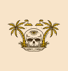 Vintage Art Of Skull And Coconut Trees