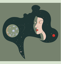 Female Portrait And Moon Planet In Cosmos