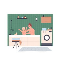 Mother And Kid Taking Bath In Home Bathroom Happy