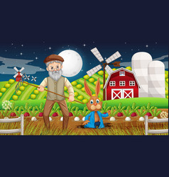 Farm At Night Scene With Old Farmer Man