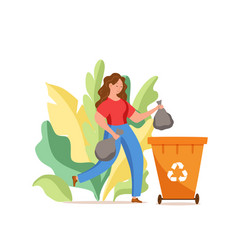 Young Woman Throwing Glass Garbage Into Containers