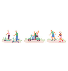 Set Of Active Happy Old People Riding Bike Kick