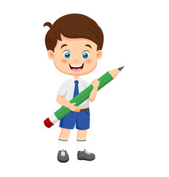 Cute School Boy Holding A Big Pencil