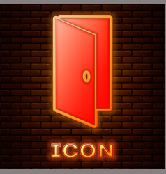 Glowing Neon Closed Door Icon Isolated On Brick