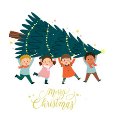 Happy Children Carrying Christmas Pine Tree