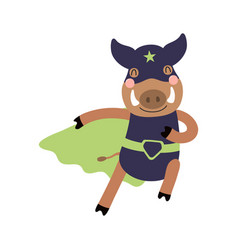 Cute Funny Wild Boar Superhero In Costume Cartoon