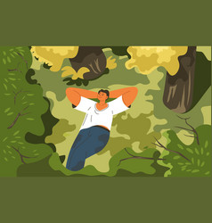 Man Laying In Grass In Woods Or Forest Or Park