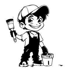 Cute Boy Painter With Paint Bucket And Brush