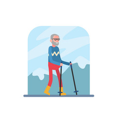 Smiling Cartoon Elderly Man Does Nordic Walking