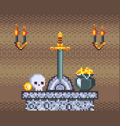 Pixel Art Treasure Pot And Sword In Stone