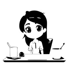 A Cute Girl Sitting At The Table In Office