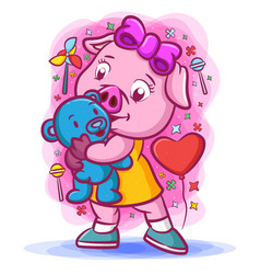 Baby Pink Pig Holding Blue Doll With Toys