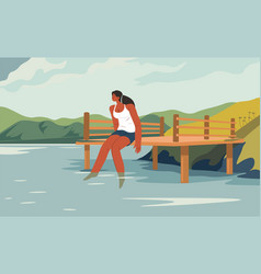 Woman Sitting On Wooden Pier With Legs In Lake