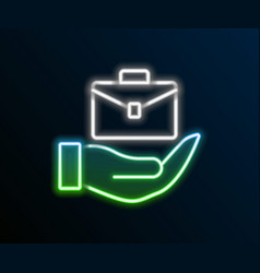 Glowing Neon Line Hand Holding Briefcase Icon