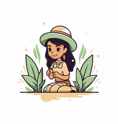 Cute Cartoon Girl In Hat Sitting On The Ground