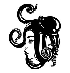 Hand Drawn Female Profile With Octopus On Her