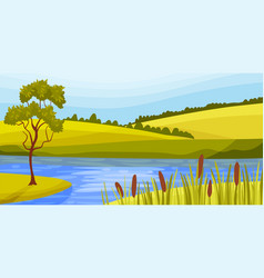 Lake And Pasture Land With Grassy Hills As Green