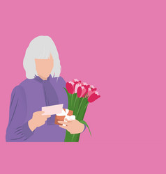 Old Woman Holding Pink Tulipsgift Box