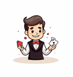 Waiter Holding A Card And Playing Cards Cartoon