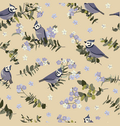 Seamless Pattern With Crested Tit Birds