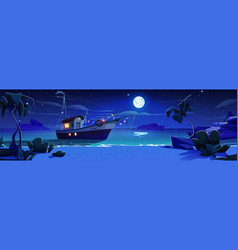 Fishing Boat Floating In Night Sea