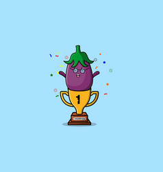 Cute Cartoon Eggplant Character In Trophy