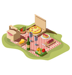 Isometric Picnic Food Pizza Box Wine And Basket