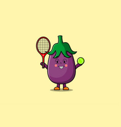 Cute Cartoon Eggplant Character Play Tennis Field