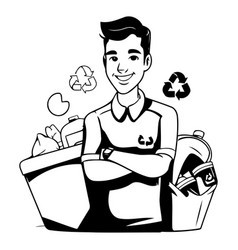 Volunteer Man With Recycle Bin In Cartoon Style