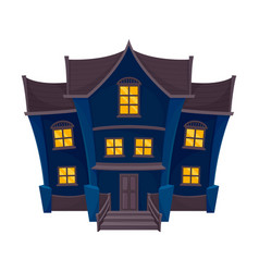 Dark Blue Spooky House With A Gray Roof And Curved