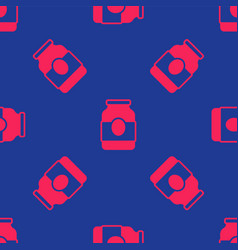 Red Jam Jar Icon Isolated Seamless Pattern On Blue