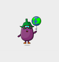 Cute Cartoon Eggplant Floating With Earth