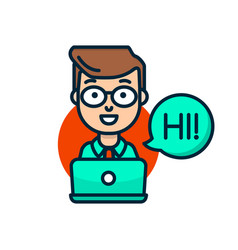 Office Worker Behind Laptop Flat Line Icon