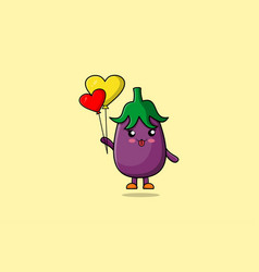 Cute Cartoon Eggplant Floating With Love Balloon