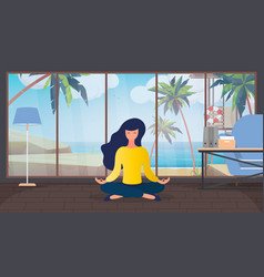 Girl Is Meditating In A Room With A Large