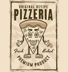 Pizzeria Vintage Poster With Pizza Piece Cartoon