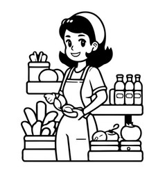 Cute Woman At The Grocery Store In Cartoon Style