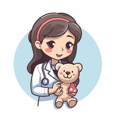 Cute Little Girl Playing Doctor With Toy Bear