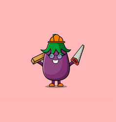 Cute Cartoon Eggplant Carpenter Character With Saw